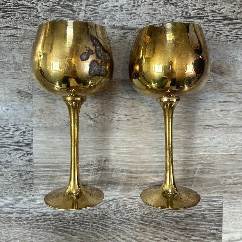 Sarna Brass Wine Goblets Set of 2 Gold Patina Vintage Barware India